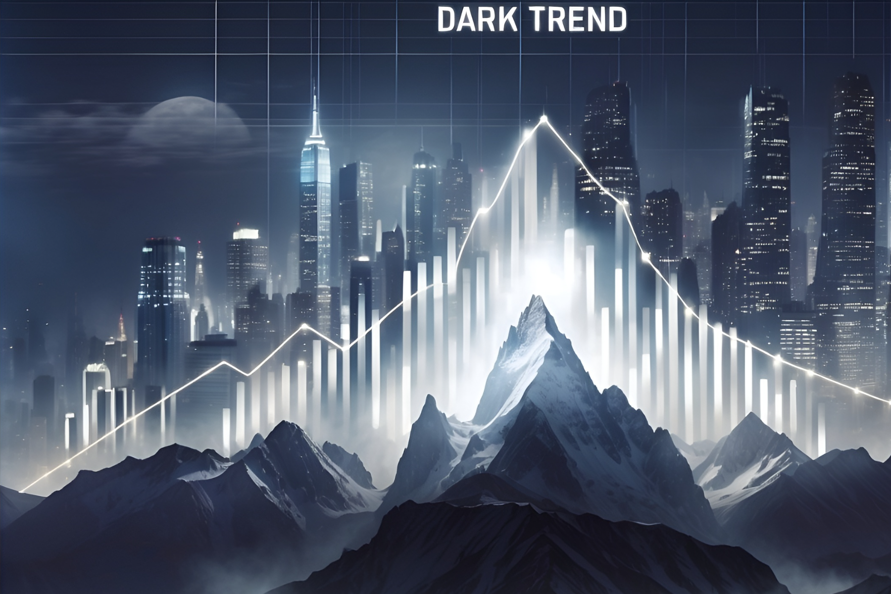 Darktrend background: A large mountain, half of which is brightly illuminated, symbolizing the disclosure of information, the other half is dark, symbolizing hidden information. In the background is a city. In the foreground is a financial chart.